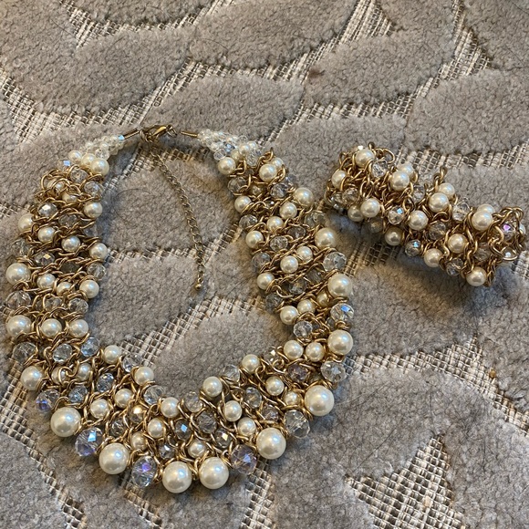 Gold colored multi strand bib length necklace & bracelet with faux pearl accents - Picture 2 of 3